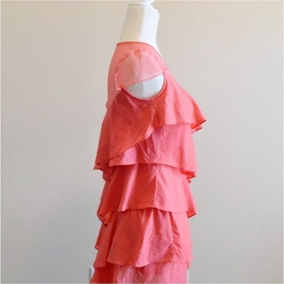 BCBGMaxAzria ✦ Coral Pink Tiered Dress ✦ Mesh Puff Sleeves Ruffle Layers V-Neck - Picture 3 of 7